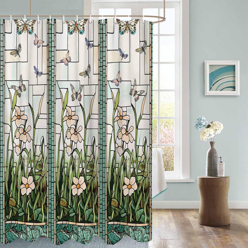 EZON-CH Waterproof Shower Curtain Stained Glass Meadow Flower Dragonfly Print Polyester Fabric Bath Curtain Home Hotel Apartment Bathroom Shower Curtain Long 72x96IN - Image 4